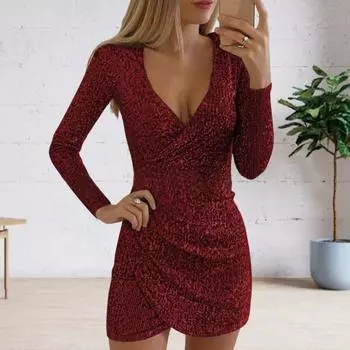 Yousheng весна-осень женское платье с глубоким V-образным вырезом и пайетками облегающее длинное облегающее платье с асимметричными складками для вечеринок и клуба короткое платье для свиданий выпускной мини-платье XL чёрный