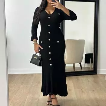 Yousheng весна-осень женское платье с пуговицами декор V-образным вырезом трикотажное длинное облегающее платье с лоскутным подолом рыбий хвост однотонное эластичное макси-платье S чёрный