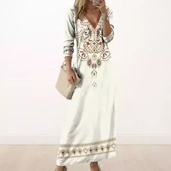 Yousheng весна-осень женское платье V-образный вырез длинные рукава А-силуэт цифровой цветочный принт макси платье для свиданий повседневная одежда свободное платье S белый