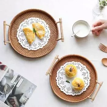 Yousheng Wicker Fruit Tray Round Anti-Deformed Rattan Наслаждайтесь закусками, плетеный поднос для сервировки дома S