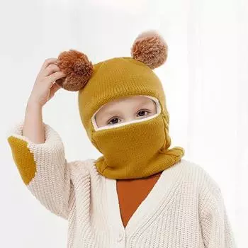 Yousheng Winter Baby Boys Girls Knitting Headgear Plush Ball Decor Child Infant Knit Hat Warm Fleece Lining Earflap Kids Hat серый