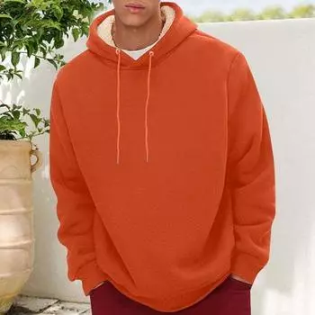 Yousheng Winter Men Hoodie плюшевая подкладка однотонная завязка свободный длинный рукав термотоп с эластичными манжетами повседневная толстовка с капюшоном L темно-серого