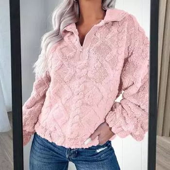 Yousheng Winter Women Sweatshirt На молнии Отложной воротник Ромбовидная текстура Плюшевый толстый Длинные рукава Однотонный Сохраняет тепло Осенний топ S серый