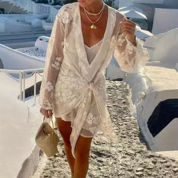 Yousheng Women Bikini Cover-up V-образный вырез, длинный рукав, прозрачный вышитый цветочный узор, шнуровка, купальник, Cover-up S белый