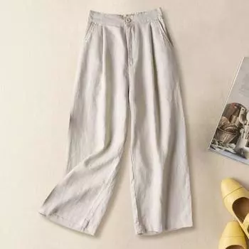 Yousheng Women Casual Pants Mid-rise Elastic Waist Button Zipper Fly Long Trousers with Pockets Solid Color Loose Fit Office Lady Pants XXL темные хаки