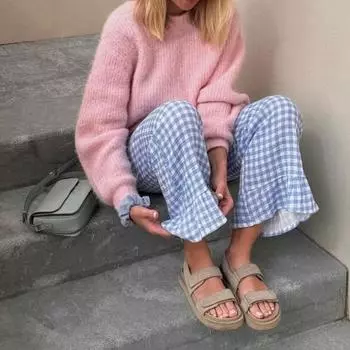 Женские повседневные брюки Yousheng с эластичным поясом, клетчатым принтом, оборками, прошитым подолом, длинные брюки, прямые, широкие брюки S розовый