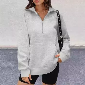 Yousheng Women Fall Winter Sweatshirt Lapel Zipper Half Placket Long Sleeve Front Pocket Pullover Tops Solid Color Loose Fit Sport Sweatshirt XL кофейный