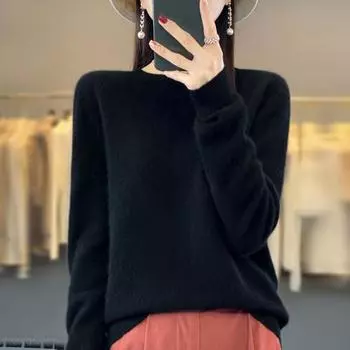 Yousheng Women Knitted Sweater Round Neck Long Sleeve Ribbed Trim Pullover Sweater Solid Color Loose Hem Knitwear S серый