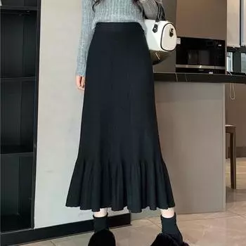 Yousheng Women Knitting Skirt High-Waisted Solid Color Pleated Skirt Ruffle Stitching Hem Hip Wrapped Skirt Autumn Winter Midi Skirt чёрный