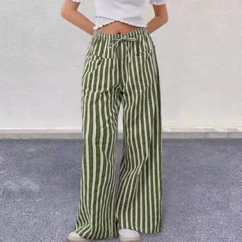 Yousheng Women Pants Drawstring Elastic Waist Loose Wide Leg Contrast Color Stripe Printing Low Waist with Pockets Casual Vacation Beach Trousers S красный