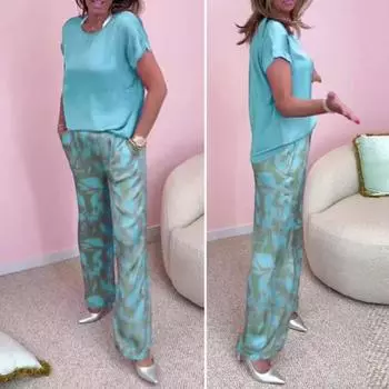 Yousheng Women s Boho Print Two Piece Set Casual Crew Neck Short Sleeve Tops Wide Leg Pants Set Summer Loungewear Outfit M зелёный