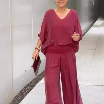 Yousheng Women s Casual Two Piece Chiffon Outfit Summer V-neck Short Sleeve Top Wide Leg Pants Set Loose Loungewear Suit 3XL синий