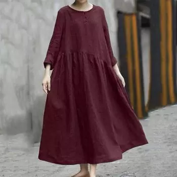Yousheng Women s Cotton Linen Maxi Dress Long Sleeve Button Up Crewneck Long Dress with Pockets Plus Size Casual Flowy Beach Sundress M красный