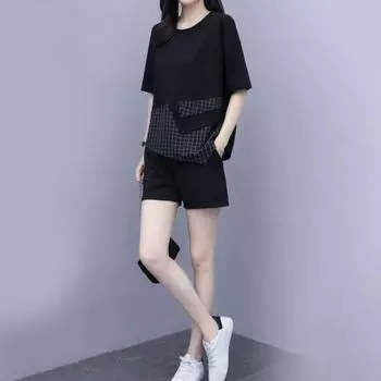 Yousheng Women s Summer Two-Piece Outfit Loose Short Sleeve Crew Neck Plaid Design Top Wide Leg Shorts Set Casual Lounge Tracksuit L чёрный