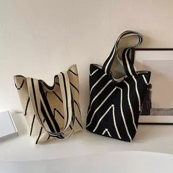 Yousheng Women Shoulder Bag Wave Braided Texture Contrast Color Large Capacity Open Design Lightweight Portable Handbag for Daily Travel Commuting чёрный