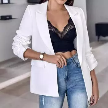 Yousheng Women Suit Coat Lapel Long Sleeve Flap Pockets Suit Jacket Solid Color Open Front Office Lady Business Outwear S синий