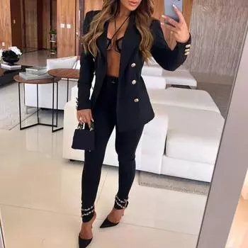 Yousheng Women Suit Coat Lapel Long Sleeve Cardigan Solid Color Open Front Slim Fit Suit Jacket Business Outerwear M чёрный