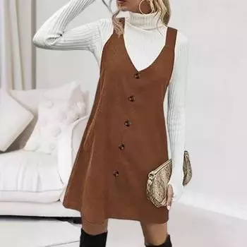 Yousheng Women Suspender Dress V Neck Button Decor Loose Sleeveless Pure Color A-line Sweet Style Mini Dress for School Dating Commuting S коричневый