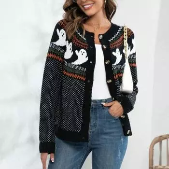 Yousheng Women Sweater Coat Crew Neck Long Sleeve Ghost Pattern Halloween Knitted Cardigan Single Breasted Sweater Cardigan S чёрный