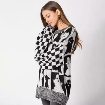 Yousheng Women Sweater Round Neck Long Sleeve Elastic Knitting Tops Loose Fit Ghost Pattern Plaid Decor Pullover Tops Knitwear S розовый