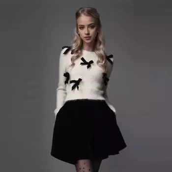 Yousheng Women Sweater Round Neck Long Sleeve Solid Color Knit Tops with Bow Detail Casual Everyday Style Knitwear L белый