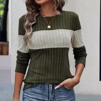 Yousheng Women T-shirt Round Neck Long Sleeve T-Shirt Striped Contrast Color Slim Fit Pullover Tops Daily Wear S чёрный