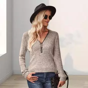 Yousheng женские топы с V-образным вырезом на молнии с полузастежкой и длинным рукавом, однотонные облегающие трикотажные топы в рубчик S хаки