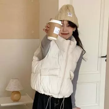 Yousheng Women Vest Coat Stand Collar Sleeveless Zipper Placket Cotton Waistcoat with Pockets Drawstring Hem Loose Fit Solid Color Puffer Vest M серый