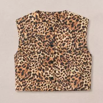 Yousheng Women Vest Single-breasted Sleeveless Round Neck Solid Color Leopard Print Button Commuting Dating Casual Short Type Daily Wear Coat L коричневый