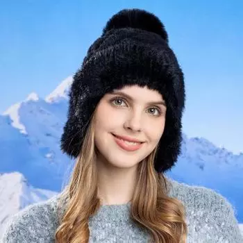 Yousheng Women Winter Hat with Earflaps Thick Plush Pom-pom Hat Ear Protecting Knitted Heat Retention Stretchy Cold Weather Outdoor Headwear чёрный