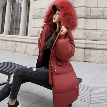 Yousheng Women Winter Jacket with Furry Hood Thickened Padded Down Coat Drawstring Waist Zipper Closure Mid Length Windproof Cold Weather Cotton Coat M