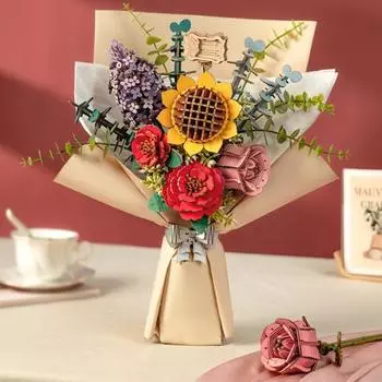 Yousheng Wooden 3D Puzzle Flower DIY Handmade Potted Sunflower Rose Carnation Camellia Lilac Jigsaw Decoration Floral Plants Building Crafts Kit C