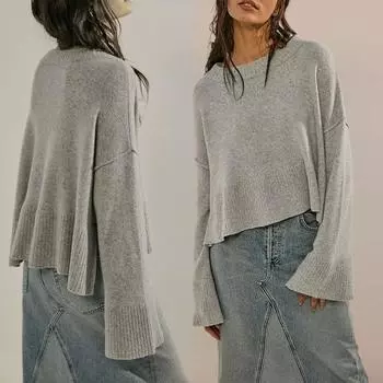 Yousheng вязаный свитер женский повседневный однотонный с круглым вырезом расклешенный длинный рукав пуловер джемпер высокий низкий боковой разрез подол легкий трикотажный топ XL розы красного