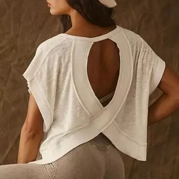 Yousheng Женская беговая футболка с круглым вырезом и коротким рукавом, открытая спина, спортивный топ свободного кроя, однотонные повседневные топы для спортзала S королевский синий