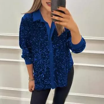 Yousheng Женская блестящая рубашка с лацканами и длинным рукавом, однобортная рубашка, топы, блестящие пайетки, украшенная блузка для вечеринки и сцены S