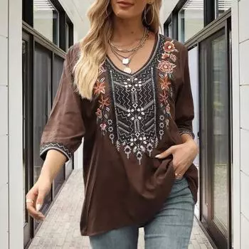 Yousheng женская блузка традиционная мексиканская женская вышитая рубашка свободного кроя с рукавом 3/4 в богемном стиле с цветочным узором повседневная одежда S коричневый