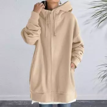 Yousheng Женская длинная толстовка с капюшоном на молнии с завязками, туника, толстовка, однотонный кардиган с открытым передом, осень-зима, пуловер с капюшоном, пальто XL чёрный