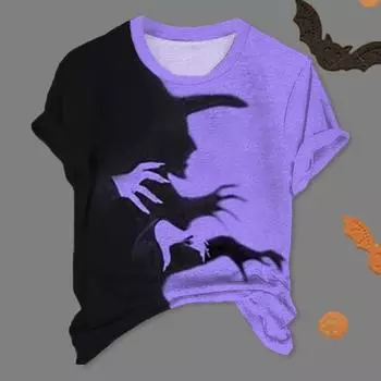 Yousheng Женская футболка Хэллоуин Ведьма Тень Принт Повседневная футболка Круглый вырез Короткий рукав Жуткая ведьма Свободный крой Пуловер Топы Повседневная одежда M фиолетовый
