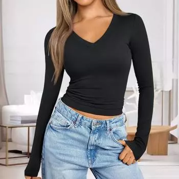 Yousheng Женская футболка-рубашка из хлопка с длинным рукавом и V-образным вырезом, облегающая футболка, эластичный однотонный тонкий топ для повседневной носки, свиданий, работы XL серый