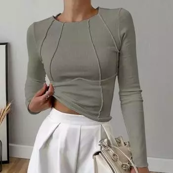 Yousheng Женская футболка с круглым вырезом и длинным рукавом, облегающая футболка, однотонные цветные линии, украшения, эластичный пуловер, топы для повседневной носки S белый