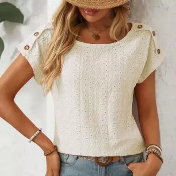 Yousheng Женская футболка с круглым вырезом и коротким рукавом, однотонный пуловер, топы с ажурным вышитым узором, футболка для повседневной носки S белый