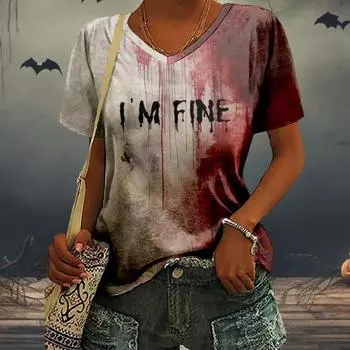Yousheng женская футболка с V-образным вырезом и длинным рукавом с принтом «кровавые буквы», свободный крой, пуловер на Хэллоуин, праздничная одежда для вечеринок L