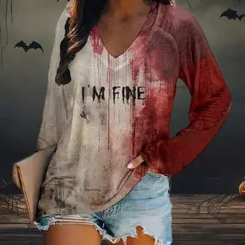 Yousheng Женская футболка с V-образным вырезом и длинным рукавом с принтом «кровавые буквы», свободный крой, пуловер на Хэллоуин, топы, уличная одежда XXXL C