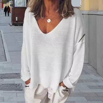 Yousheng Женская футболка с V-образным вырезом и длинным рукавом, свободная футболка, однотонный дышащий повседневный пуловер, топы для повседневной носки S чёрный