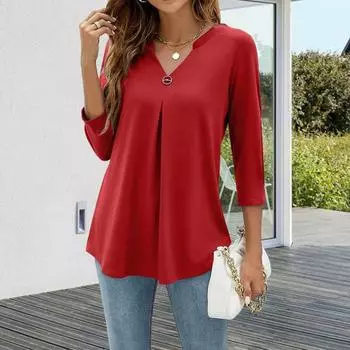 Yousheng женская футболка с V-образным вырезом и рукавом 3/4, свободная дышащая футболка, однотонная плиссированная футболка средней длины, повседневная одежда L красный