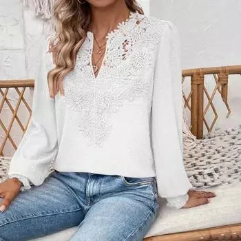 Yousheng женская короткая рубашка с v-образным вырезом и полуоткрытым воротником, кружевная рубашка с длинными рукавами, однотонный пуловер свободного покроя, топы, повседневная одежда XL чёрный
