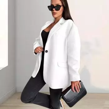 Yousheng Женская куртка осень-зима, теплая, с толстым воротником-лацканом, свободная, повседневная, шерстяная, однобортная, свободного покроя, с длинными рукавами M белый