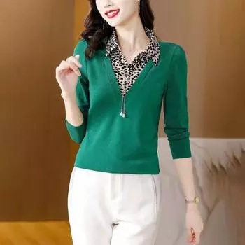 Yousheng Женская куртка с леопардовым принтом, лоскутная поддельная футболка из двух частей, весна-осень, повседневные тонкие топы с длинным рукавом, базовая куртка для повседневной носки и свиданий XL чёрный