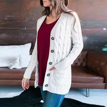 Yousheng Женская куртка-свитер с длинным рукавом на пуговицах, вязаное зимнее пальто с карманом, однотонный свободный свитер S темно-серого