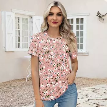 Yousheng Женская летняя футболка с круглым вырезом и коротким рукавом, свободный крой, цветочный принт, стандартный крой, пуловер, топы S